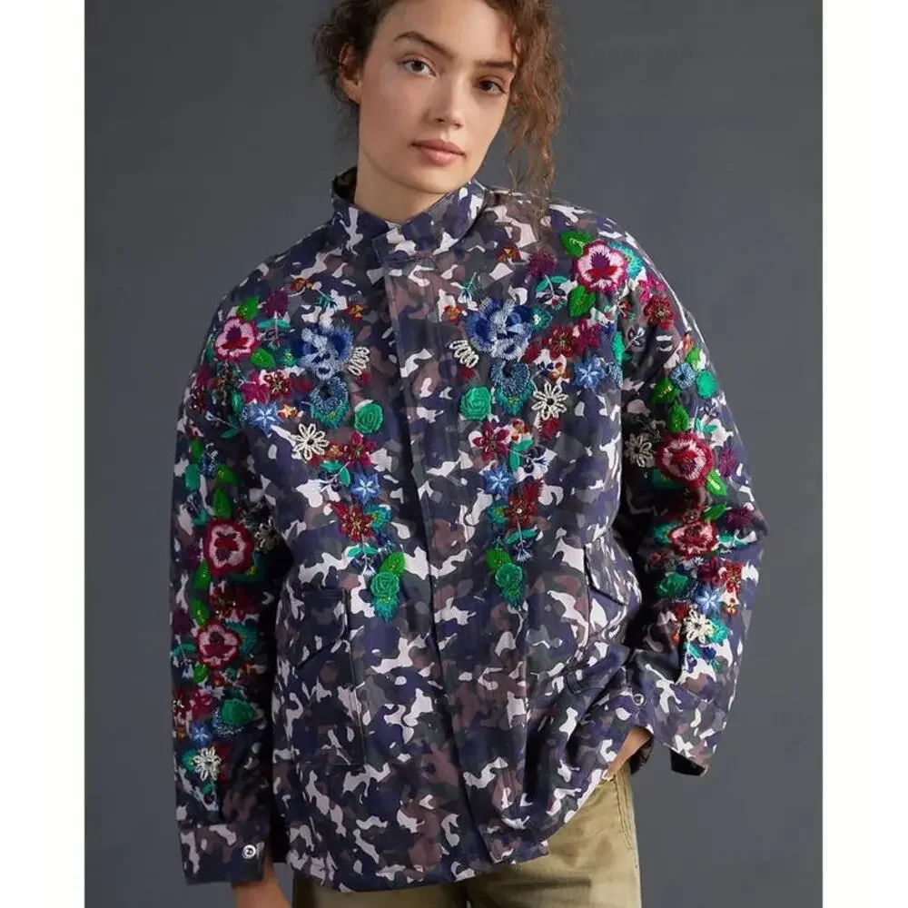 Vilagallo Anthropologie Embroidered Camo Sequin Jacket M